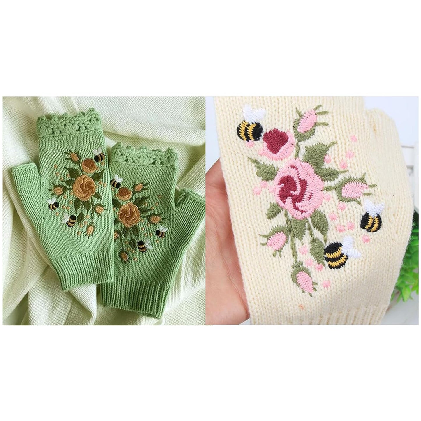 Firtideti Women's Hand Embroidered Knitted Flower Fingerless Gloves, White, One Size