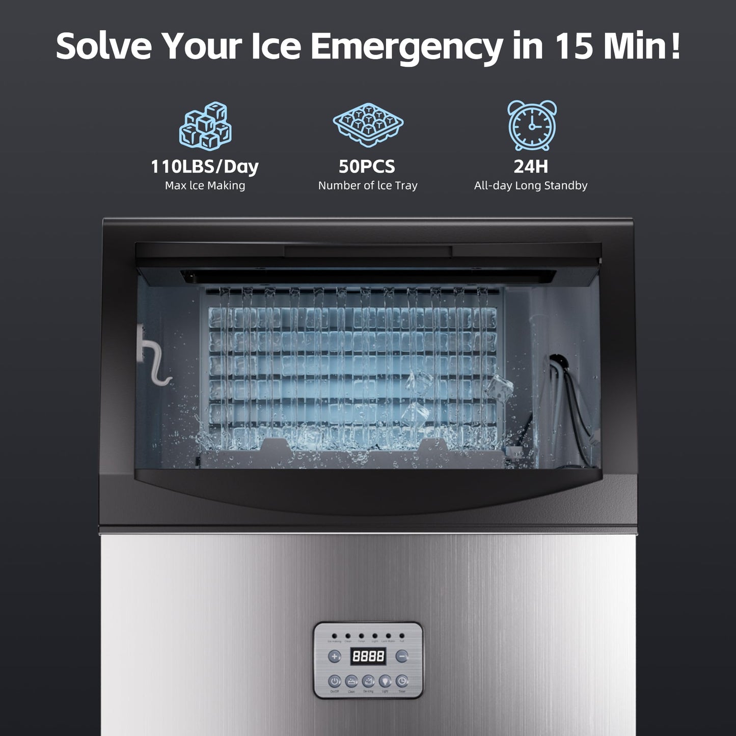 Commercial Ice Maker Machine 110lbs/24H, 33lbs Storage Ice Maker for Business, 50 Cubes in 7-14Mins, Stainless Steel Ice Maker for Cafe Bar Restaurant Beverage Shops, Under Counter Ice Machine