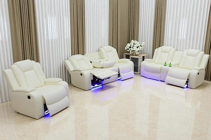 Toseslo Power Recliner Sofa Set, Leather 3 Pieces Sectional Couch, Living Room Furniture Sets with LED Light, Modern Power Reclining Sofa Sets with Storage Console for Living Room(Creamy White)
