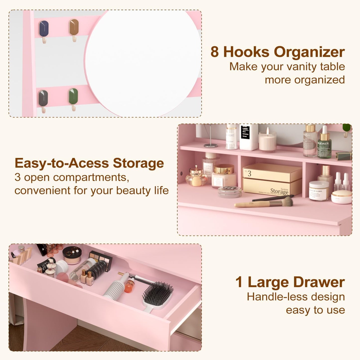 HedoAjim Vanity Desk with Lights, Makeup Table with Mirror, Dressing Table with 5 Hollywood Bulbs, 3 Adjustable Lighting Colors, Small Vanity Desk for Bedroom (Pink)