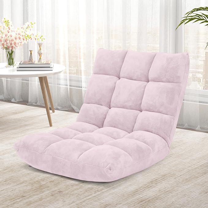 COSTWAY Floor Chair, Video Gaming Chairs with Back Support, Adjustable 14-Position, Alloy Steel Frame, Soft Coral Fleece, Lazy Sofa Lounge for Reading Living Room Recliner for Adults Kids (Light Pink)