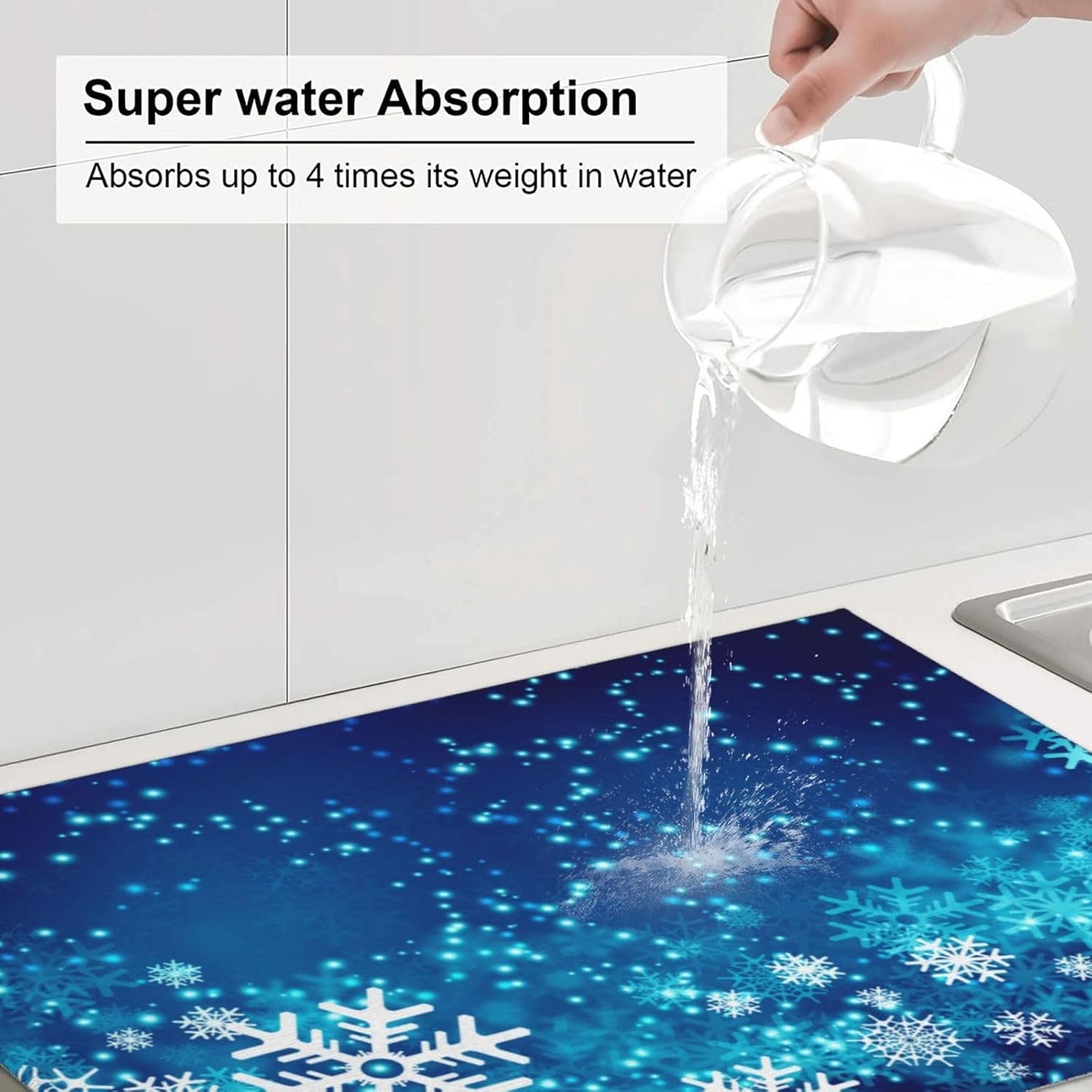 Dish Drying Mat Christmas Snowflake Blue Xmas Winter for Kitchen Counter Absorbent 18x24 Inch Microfiber Dishes Plate Glass Dry Draining Pad Reversible Washable