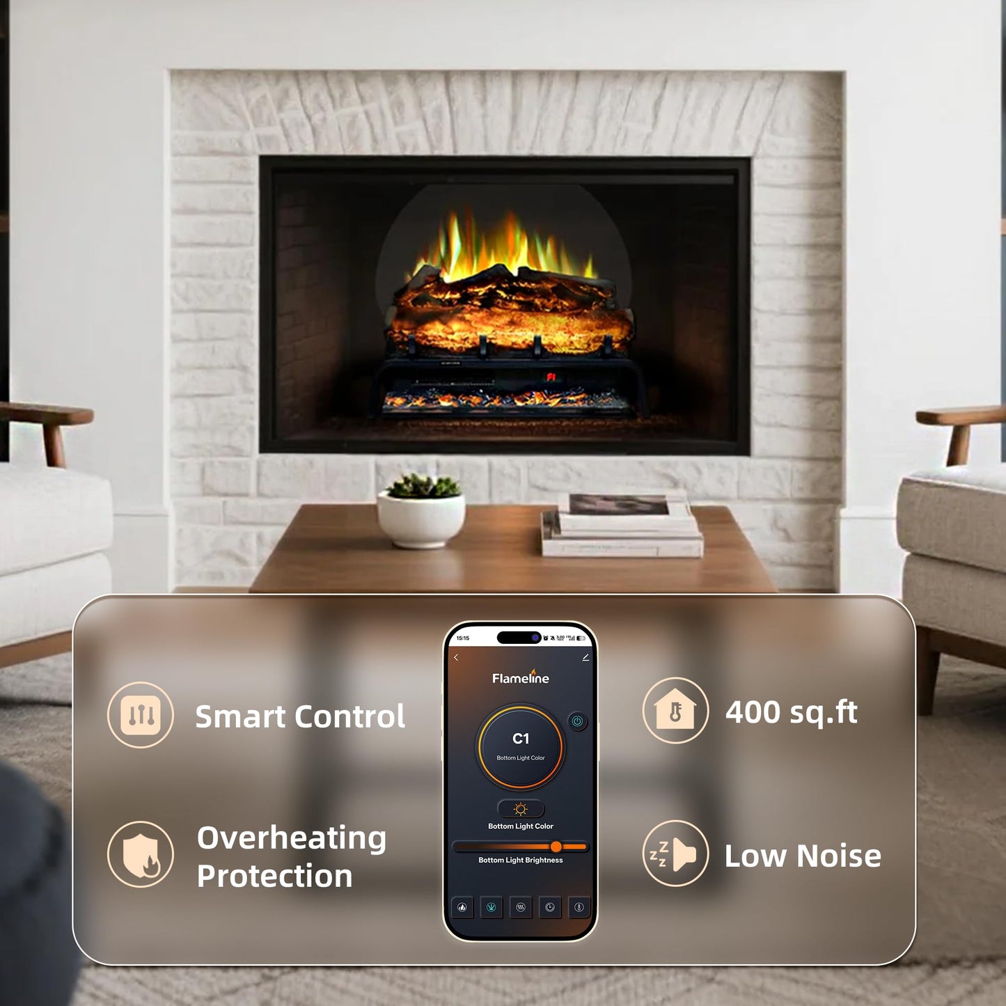 Kentsky 24.5" WiFi Freestanding Electric Fireplace Log Set, Fireplace Insert Heater with 9H Timer, Thermostat, 6 Flame Colors, 5 Levels Brightness & Speeds, 750W/1500W, App & Remote Control