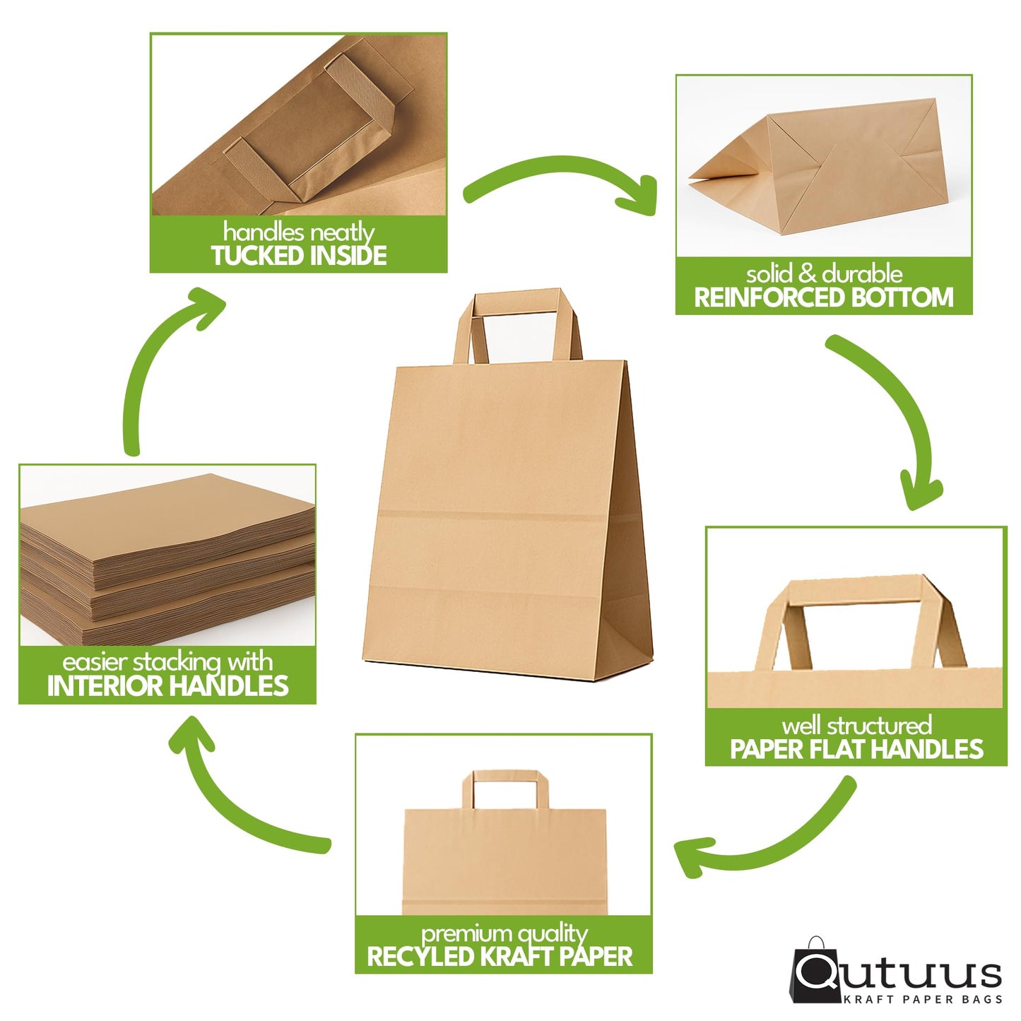 Qutuus Brown Paper Grocery Bags with Handles, Large Brown Paper Bags with Handles Bulk, 12x7x17 inches 50pcs Large Grocery Bag
