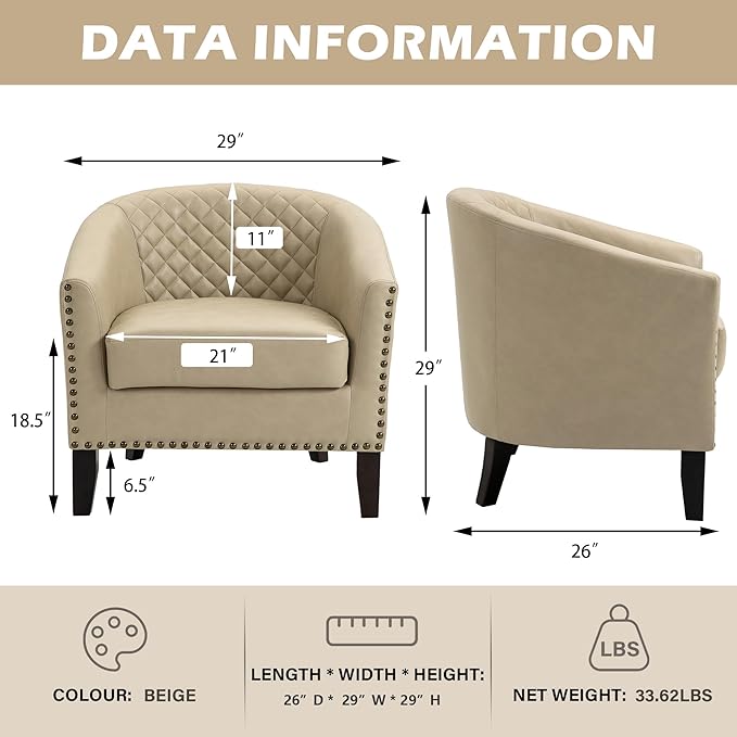 UIXE Faux Leather Barrel Accent Chairs Set of 4, Modern Club Upholstered Arm Chair, Comfy Armchair Nailed Trim Living Room Single Sofa Reading Seat Bedroom Side Sitting for Office, Beige