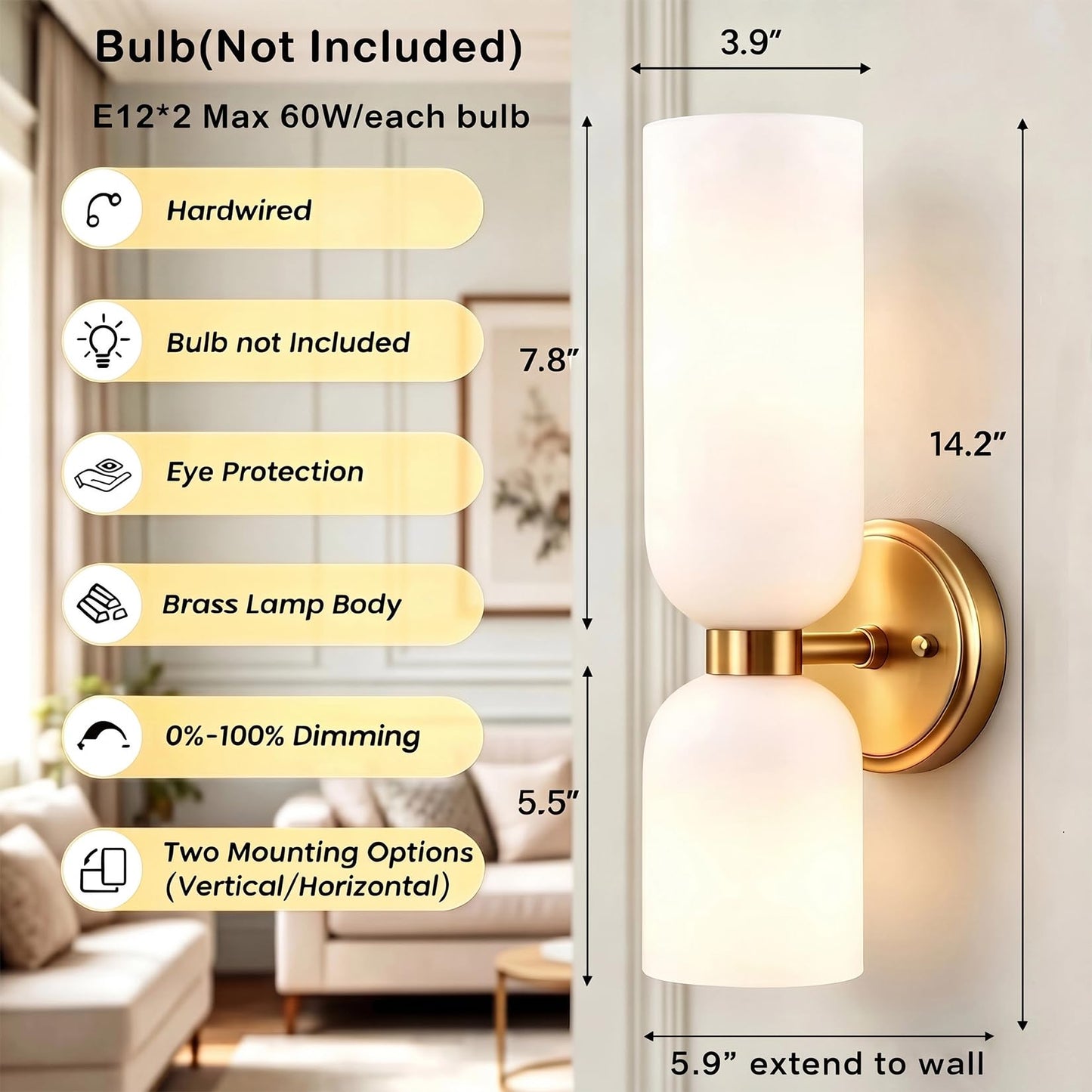 DEYNITE Gold Wall Sconces Set of Two 2-Light Modern Wall Light 3.93"(W)*14.2"(H) Bathroom Vanity Light Milky White Glass