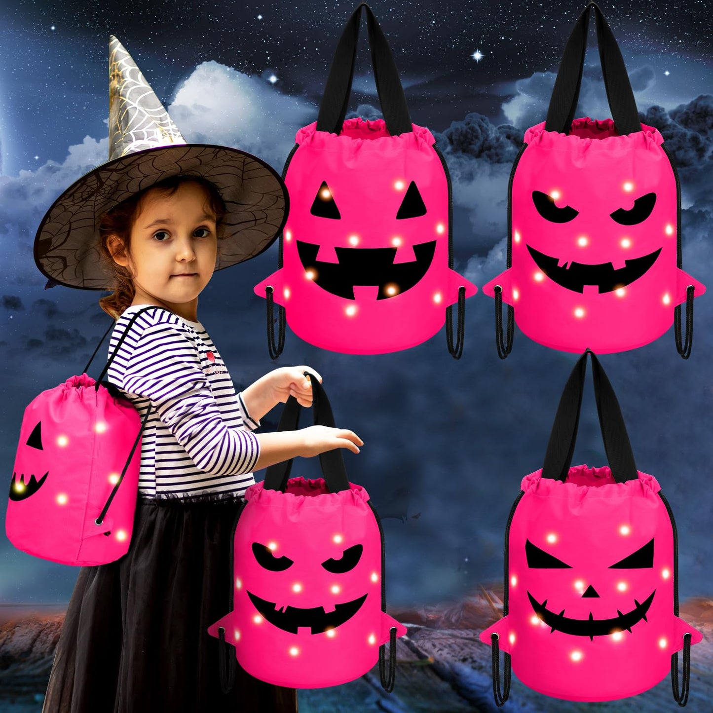Talltalk 3 Pcs Halloween Light up Bucket LED Treat Drawstring Bags Multipurpose Reusable Pumpkin Candy Goodies Bucket for Kids Halloween Supplies Favors(Pink)