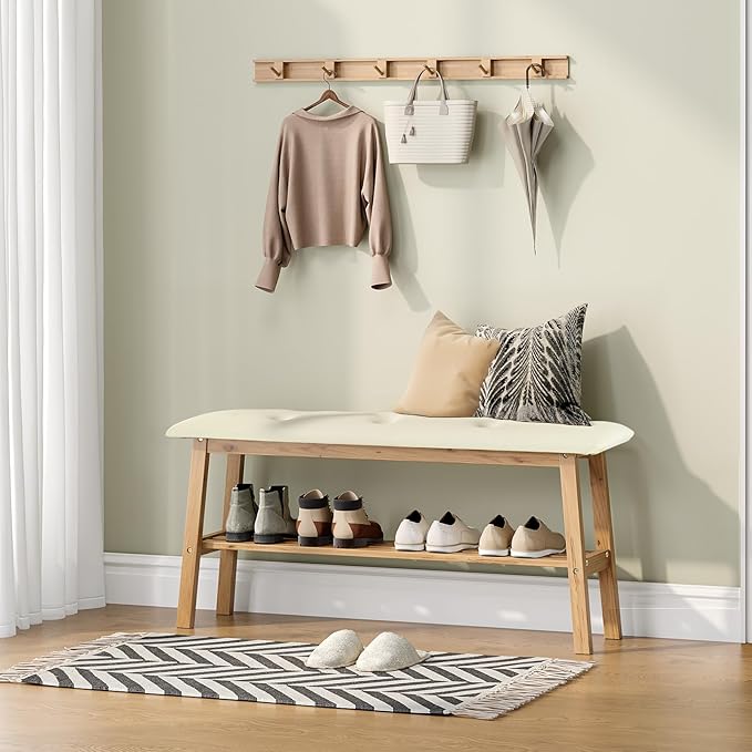 VINGLI Padded Solid Wood Dining Bench 39" Wooden Bench for Entryway, Bedroom, Kitchen & Living Room, with Shoe Rack Storage, Light Brown