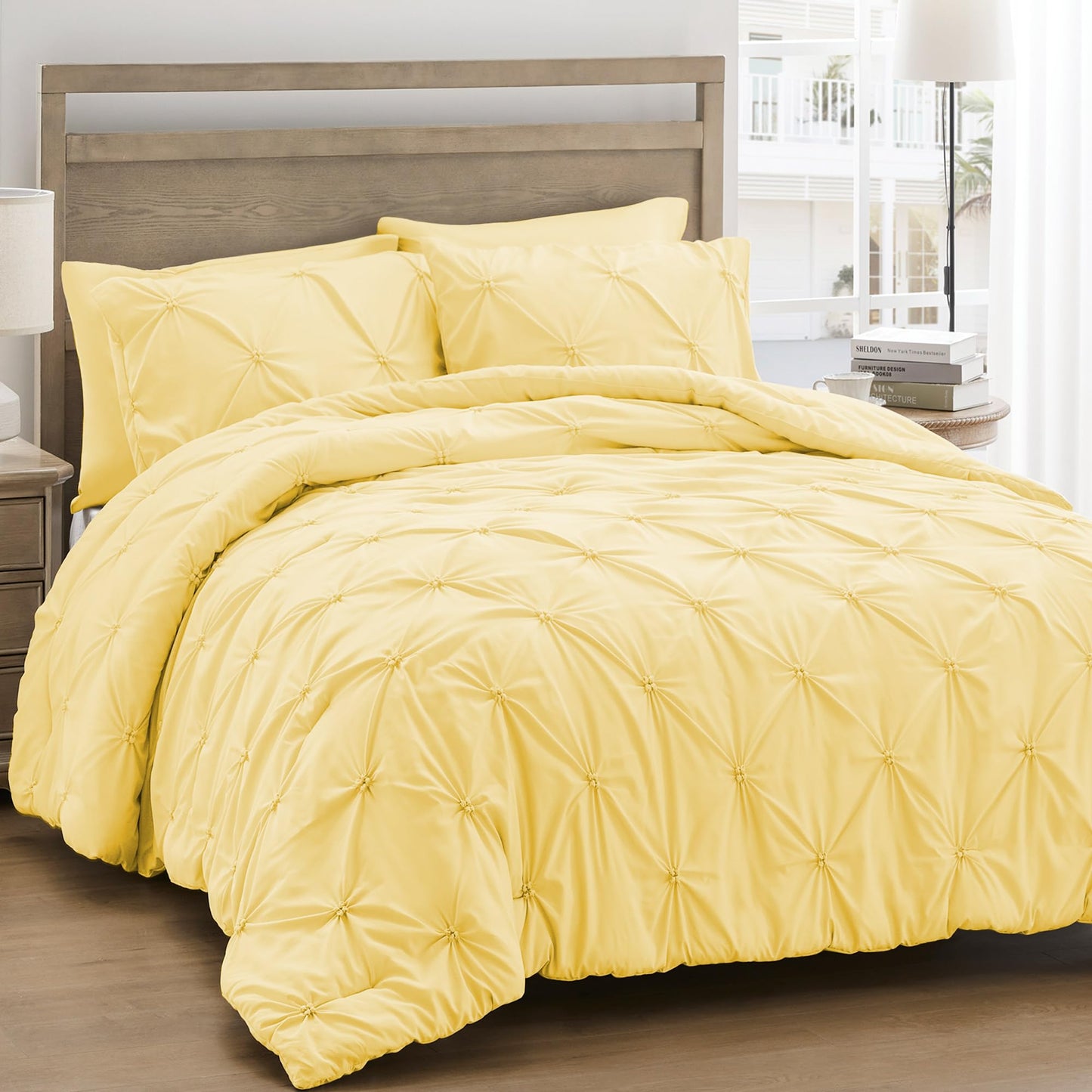 UNIKOME King Size Comforter Set Yellow - Lightweight Soft Pintuck Down Alternative Bedding Set for Summer, All Seasons, 3 Pieces Pinch Pleat Solid Bed Set with Comforter, 2 Pillowcases