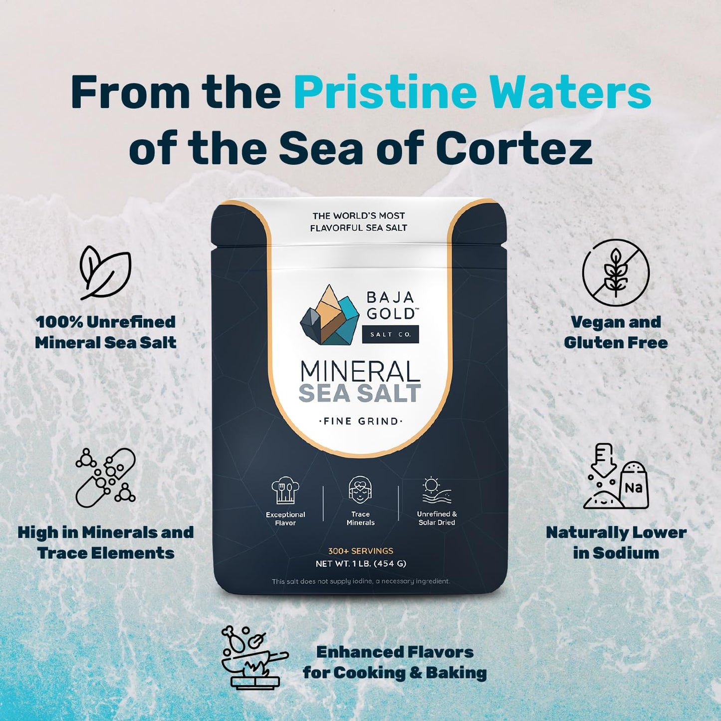 Baja Gold Mineral Sea Salt - Pure & Organic Real Salt for Cooking & Baking | Fine Grind Sea Salt - Low Sodium | Natural Baja Salt - Ideal for All Culinary Uses | 1 lb. Resealable Bag, 300+ Servings