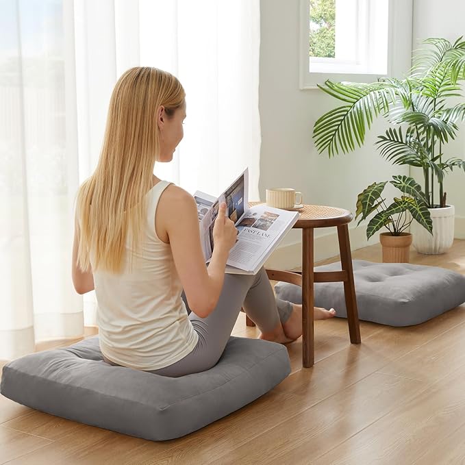 SM-XLHN Meditation Floor Pillow Set of 2, Square Large Pillows Seating for Adults, Meditation Cushion Pillow,Tufted Corduroy Cushion for Tatami Living Room or Yoga, Light Gray, 22x22 Inch
