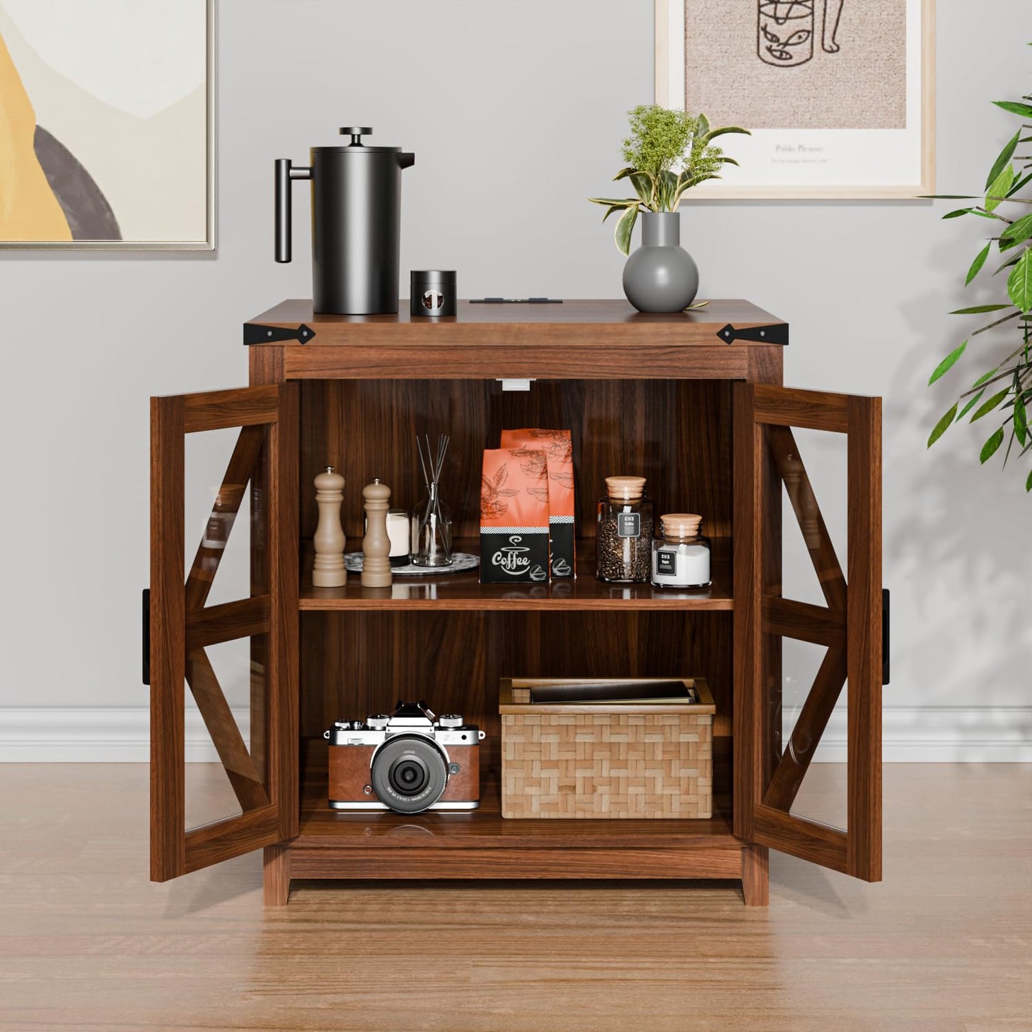 VITESSE Farmhouse End Table, 24" Large Wood Square Nightstand with Doors, Sofa Side Table with Charging Station Modern Nightstand Storage Cabinet for Living Room, Bedroom, Entryway (Brown)