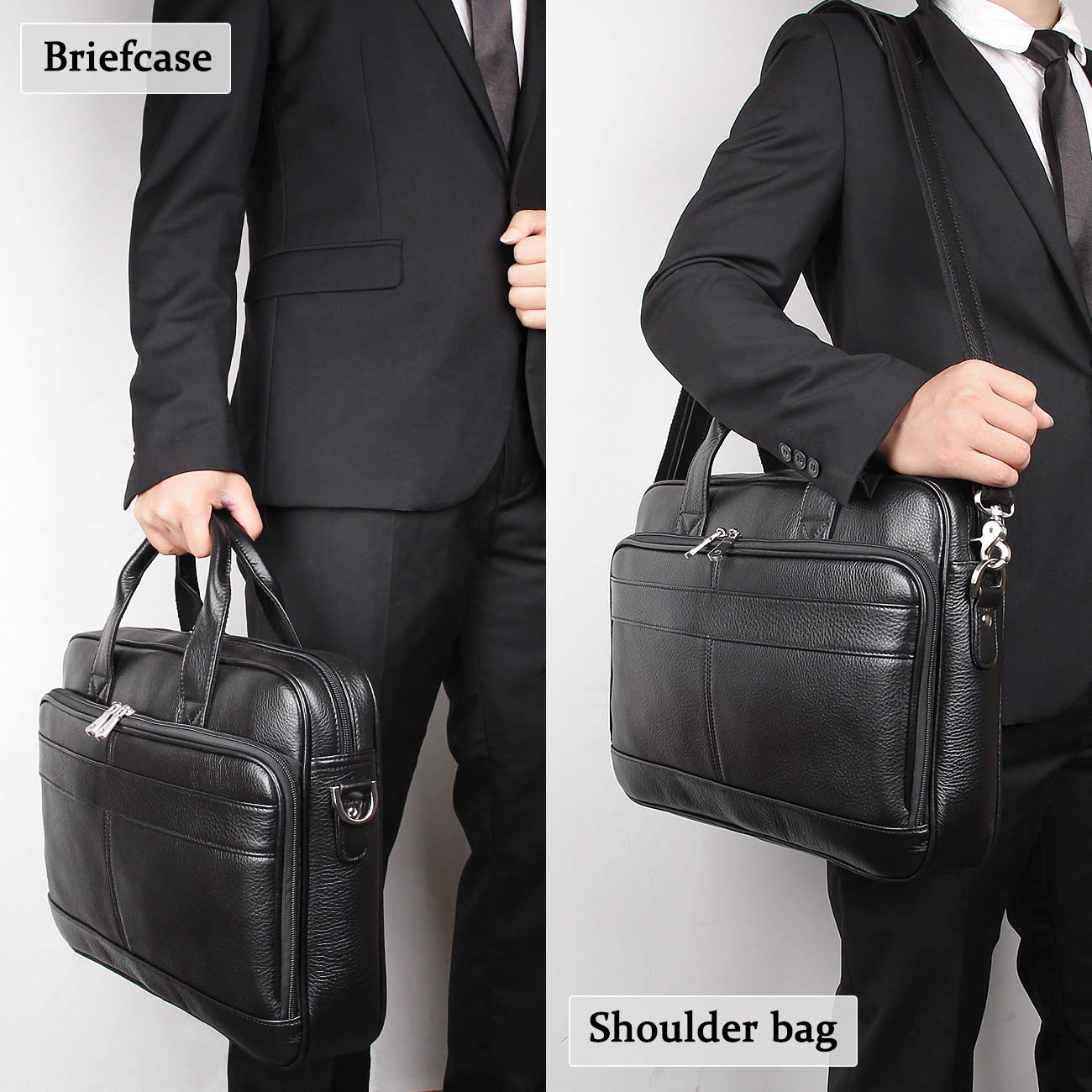 Augus Leather Briefcase for Men 16 inch laptop Bag Genuine Leather YKK Zipper Messenger Shoulder Bag for Work Black