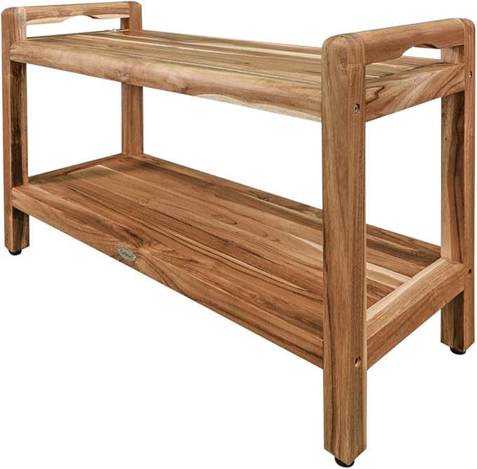 EcoDecors Eleganto 34 Inch Natural Color Waterproof Teak Wood Shower Bench Stool Seat Chair For Inside Shower Provides Safety, Storage, and Organization For Bathroom Accessories