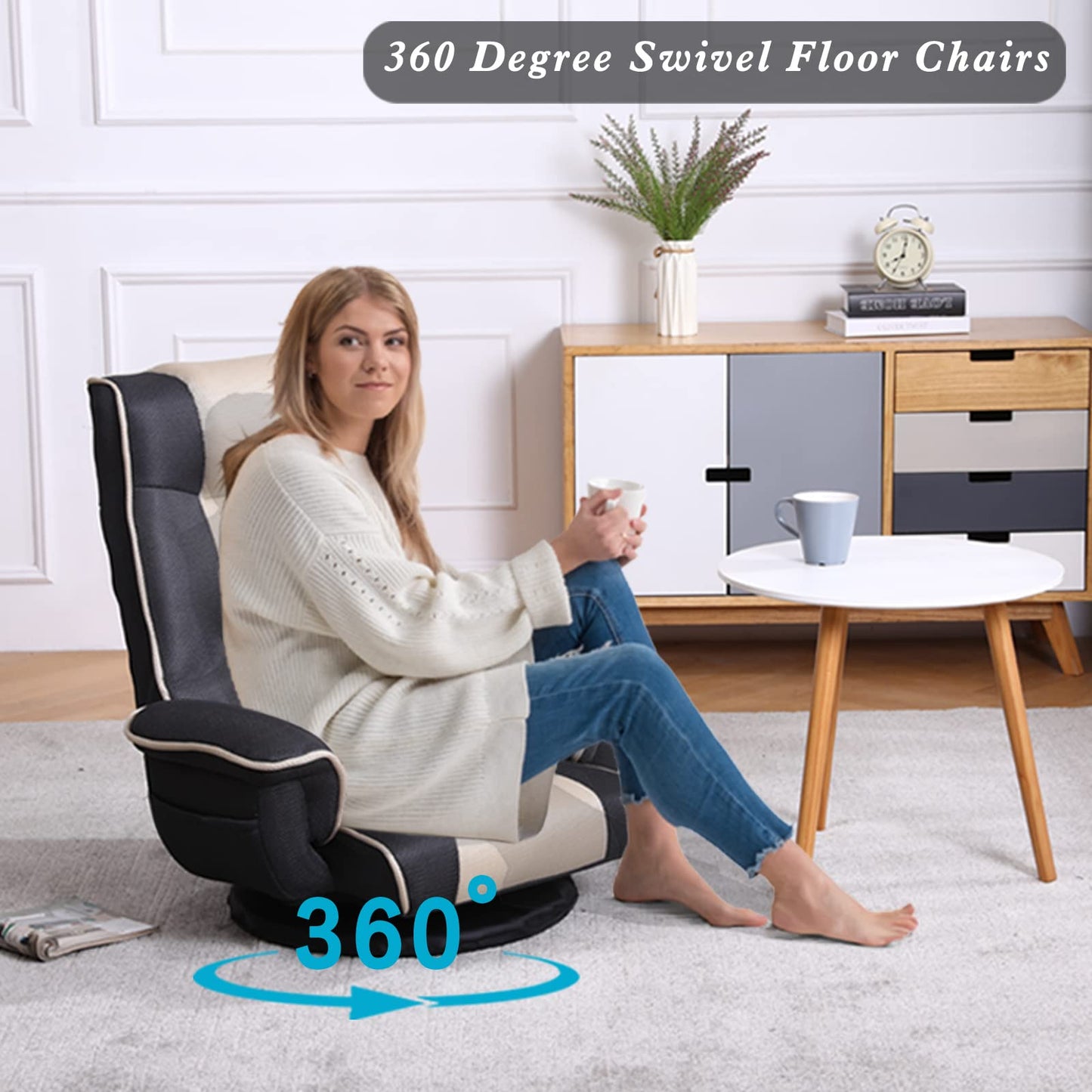 FLOGUOR 360 Swivel Gaming Floor Chair with Armrest Multi-Angle Folding Floor Chair Padded Backrest Lazy Sofa Lounge Chair for Living Room, Home Office QL201W-US-GR