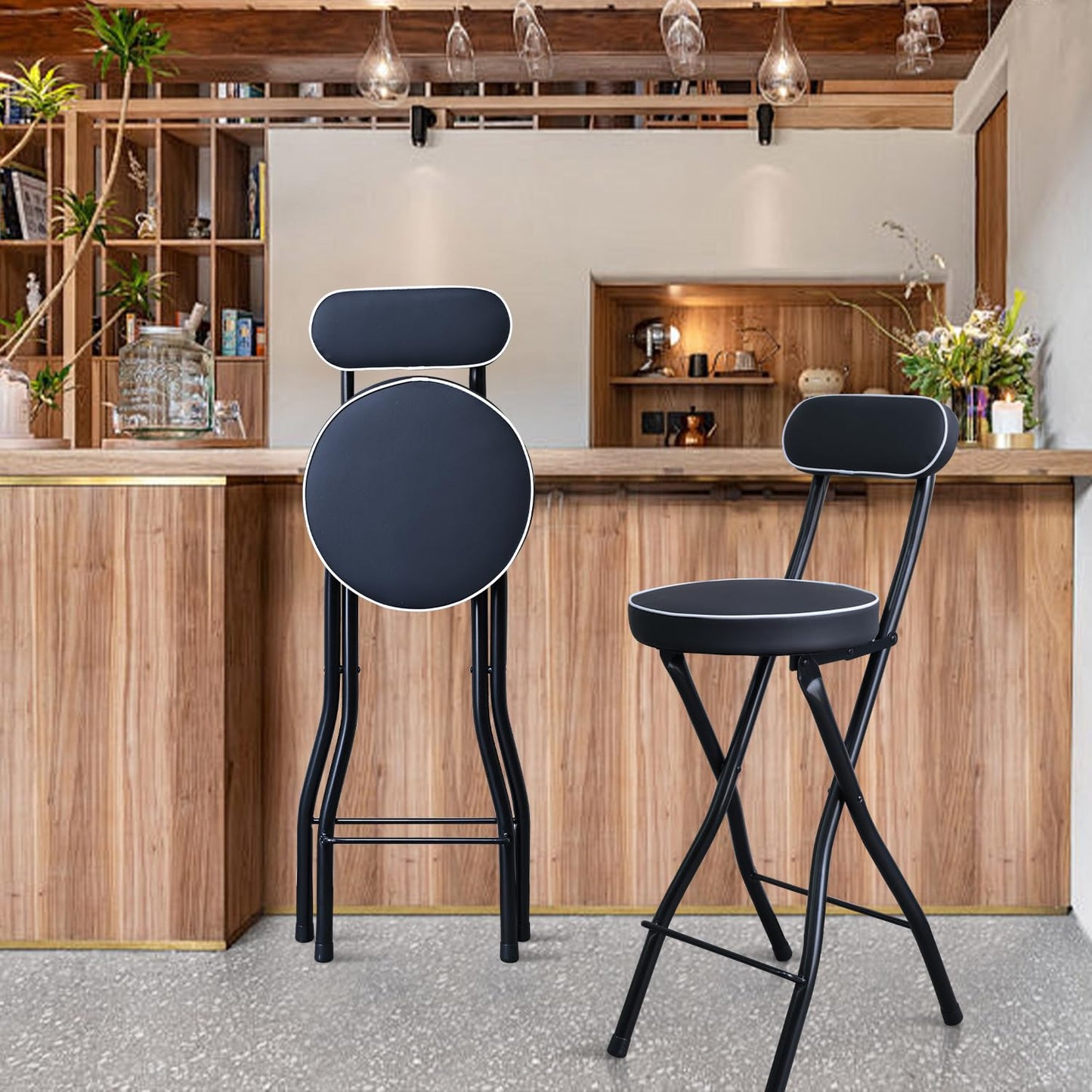 UWEAR Folding Bar Stool with Back,1 PCS Tall Foldable Stool Leather Padded Portable Stools Counter Height Foldable Stools Chairs Collapsible Stool for Adults Kitchen Island (Black)