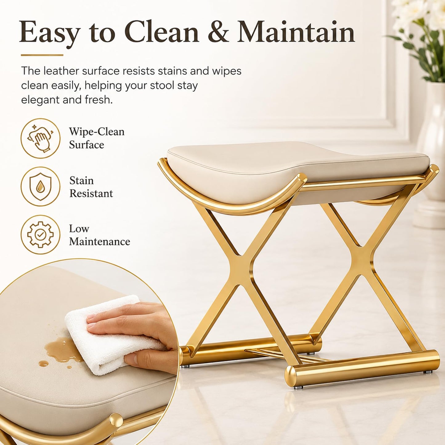 KUCKGO Modern Bathroom Vanity Stool Makeup Chair - Backless Leather Vanity Bench Seat with Metal X Legs, Small Ottoman Footstool for, Bedroom, Living Room, Dressing Room, Gold
