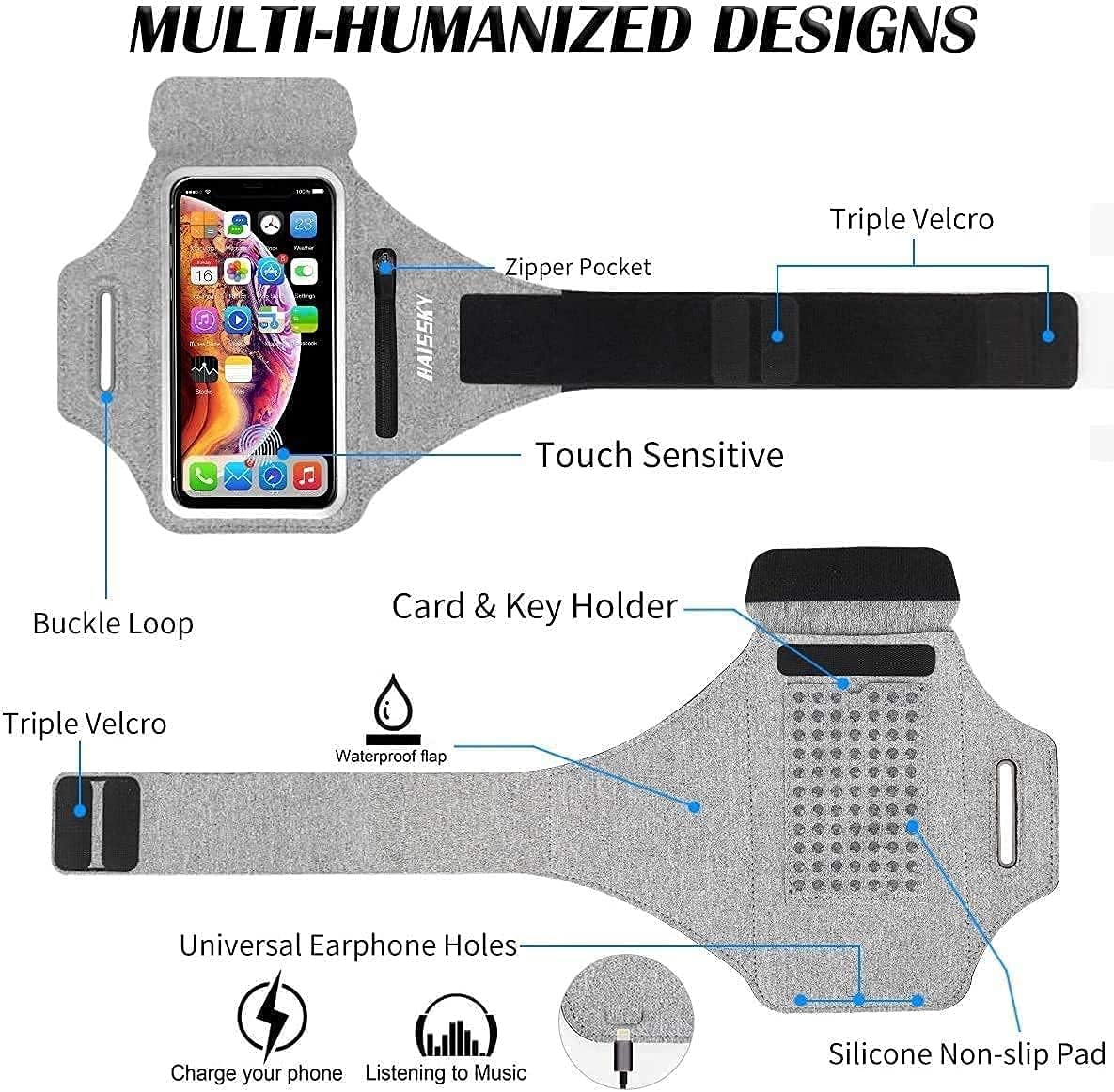Cell Phone Running Armband With Earbuds Zipper Pocket Armband Case Running Holder For Iphone 16 Pro Max/15/14 Pro Max/13/12 /11