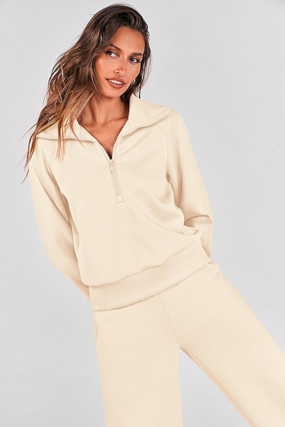 PRETTYGARDEN Women's 2 Piece Outfits Casual Lapel Half Zip Sweatshirts and Wide Leg Pants Tracksuit Sets
