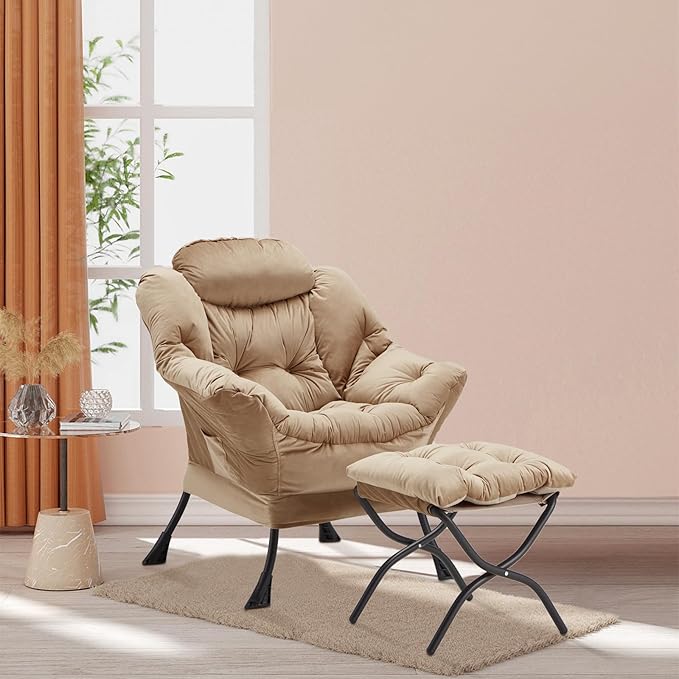 Youtanic Lazy Chair with Folding Ottoman, Accent Chair Velvet Upholstered with Metal Structure and Non-Slip Pads, Sofa Armchair with Footrest and Side Storage Bag for Dorm, Room, Office, Khaki