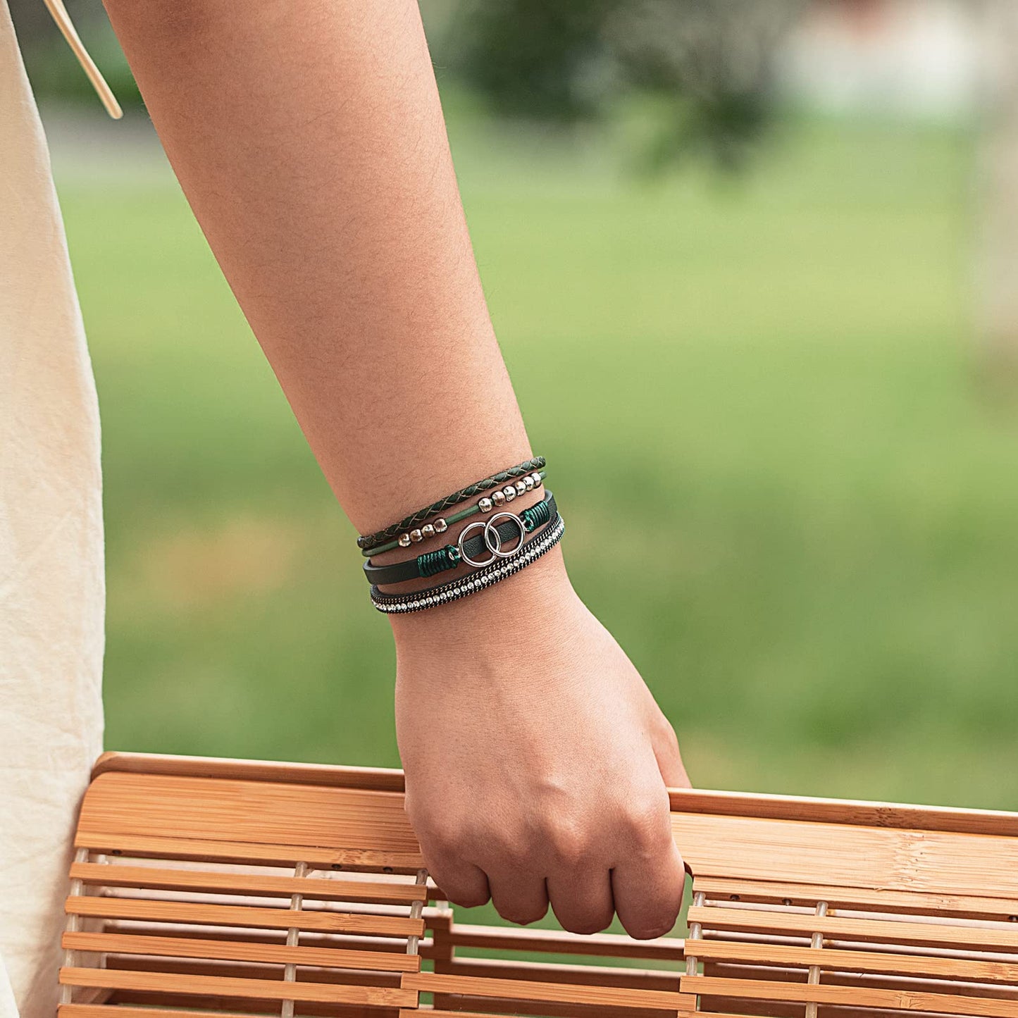 FANCY SHINY Boho Wrap Bracelets Leather Cuff Bangle Beaded Bracelets for Women Stackable Infinity Bracelets Jewelry with Clasp(O