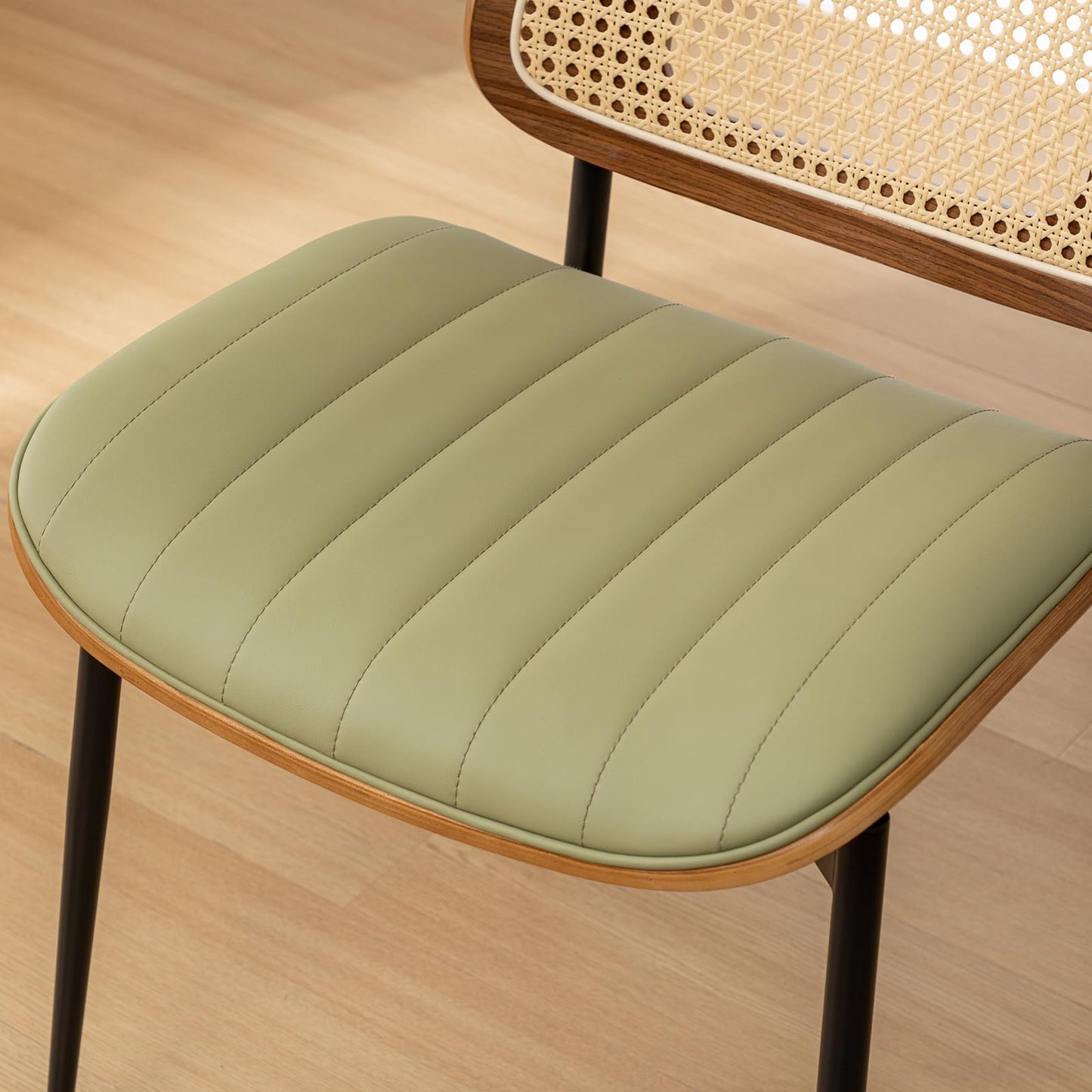 YOUUGIOR Rattan Dining Room Chairs Set of 4,Mid Century Modern Green PU Leather Kitchen Chair,Upholstered Seat Metal Legs Chairs with Adjustable Foot Pads,Walnut Armless Side Chairs