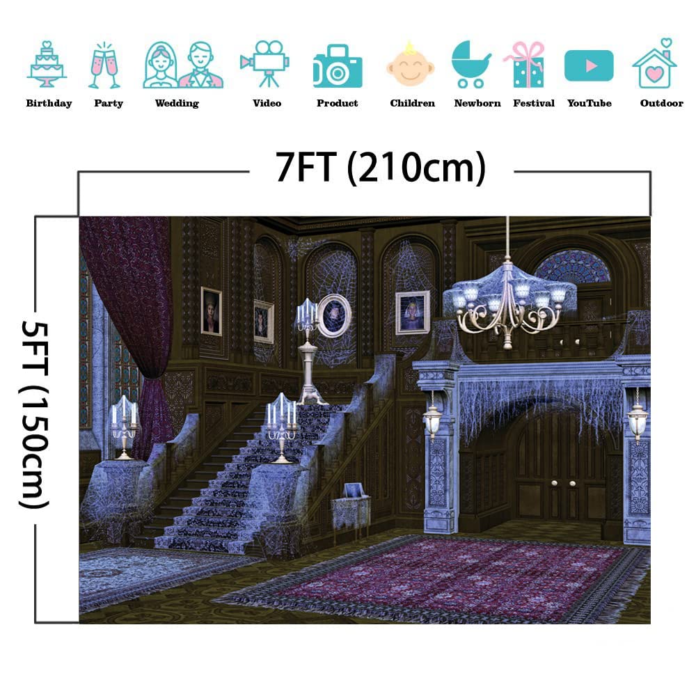 AIIKES 7x5ft Halloween Haunted House Backdrop for Photography - Spider Web Retro Stairs Creepy Setting - Children to Adults Portraits & Photo Studio Props 12-343