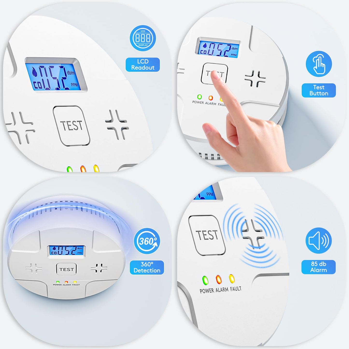 2 in 1,Combination Smoke and Carbon Monoxide Alarm,Detect CO,85 dB Alert,LCD Digital Readout,with 3 * 1.5V AA Batteries,Low Battery Warning,Self Test Button,Easy Installation and Maintenance