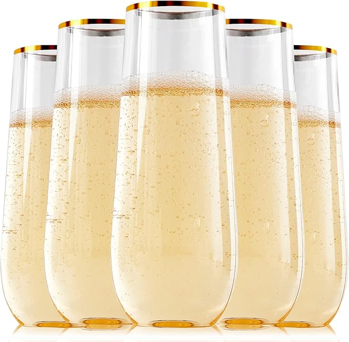 FOCUSLINE 24 Pack 9 Oz Plastic Stemless Gold Rim Champagne Flutes, Heavy Duty, Shatterproof, Disposable & Reusable Crystal...