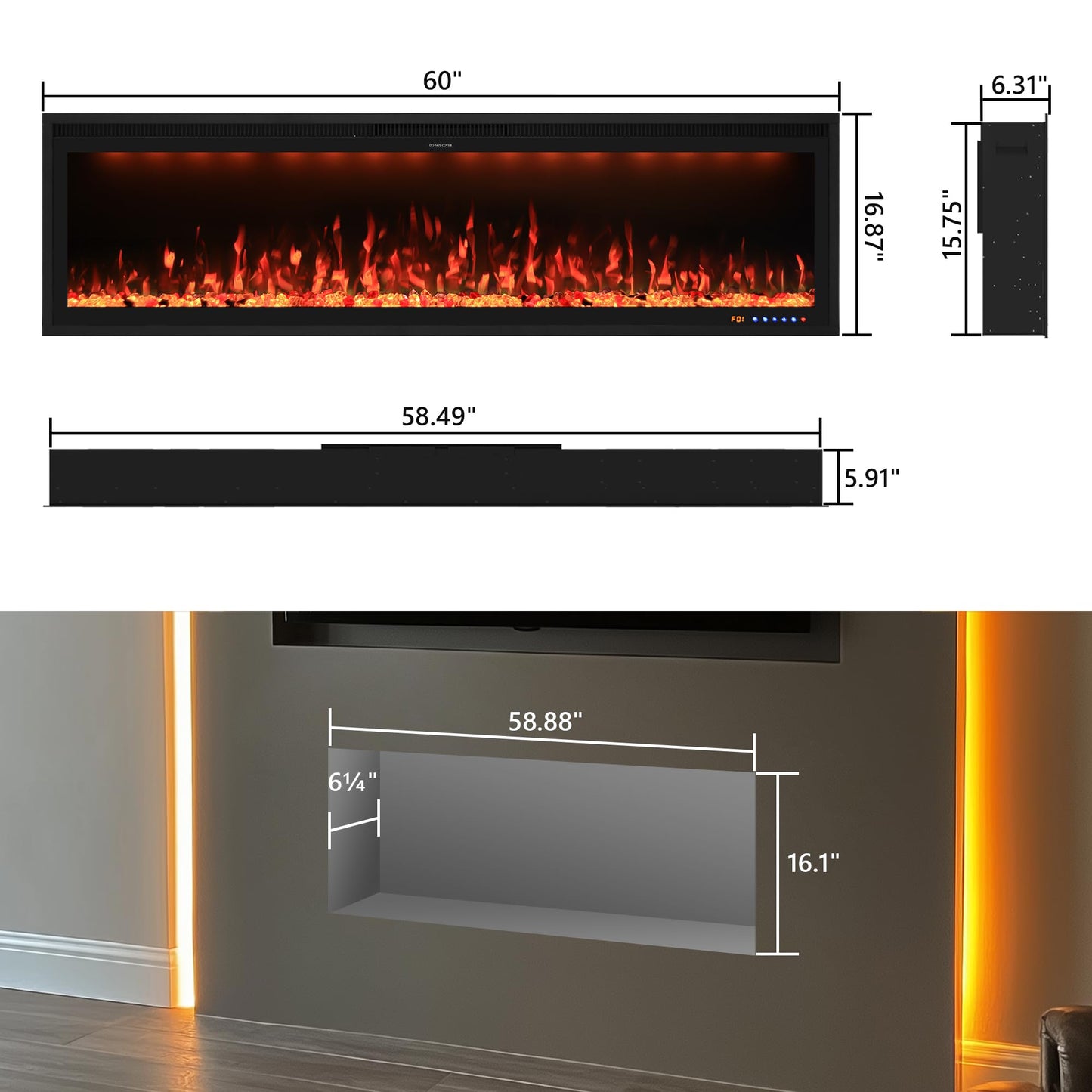 Valuxhome 60inch Recessed Electric Fireplace, Ultra Narrow Frame Design, 13 Flame Colors, 400 Sq.ft, 750/1500W