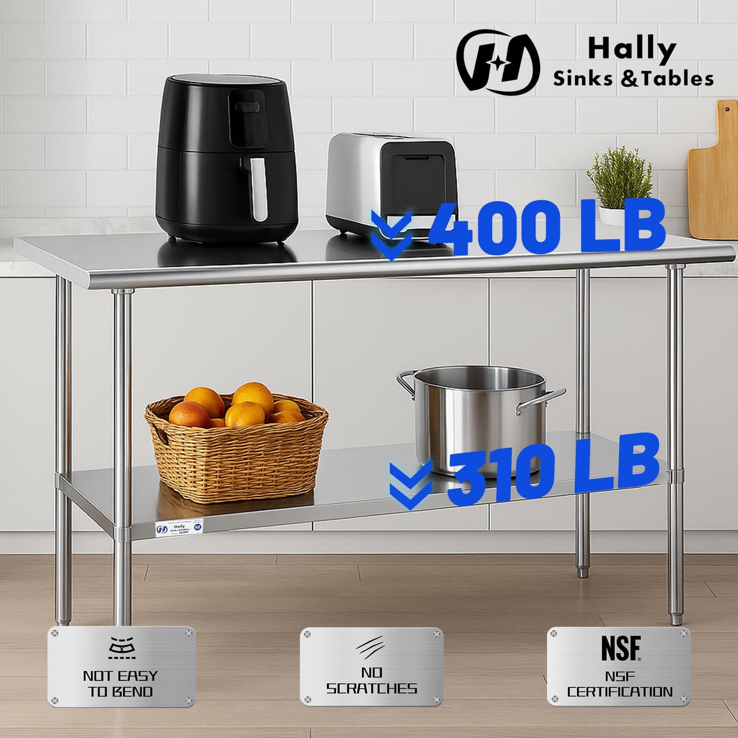 Hally Stainless Steel Table for Prep & Work 14 x 72 Inches, NSF Commercial Heavy Duty Table with Undershelf and Galvanized Legs for Restaurant, Home and Hotel