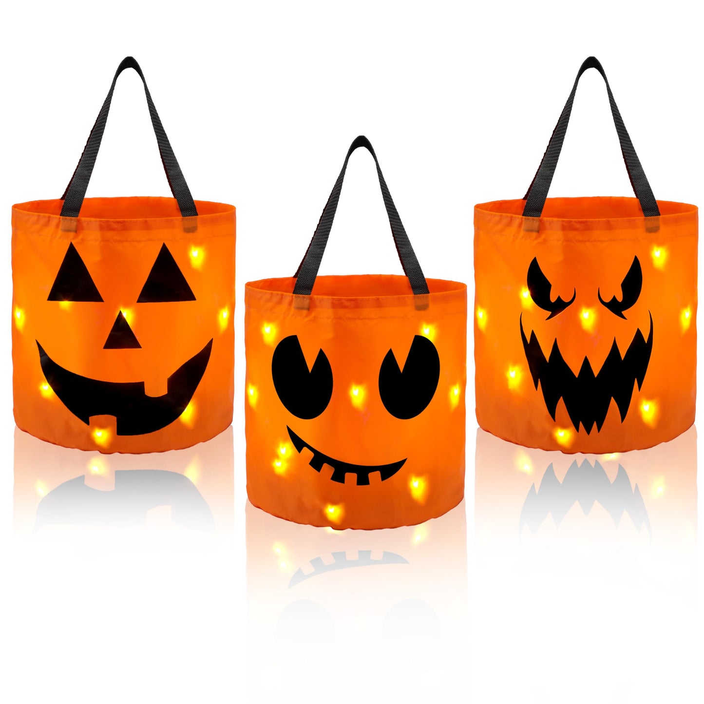 JOYIN 3 PCS Halloween Candy Pumpkin Buckets, 10.2 x 11.8 LED Light Trick or Treat Buckets, Orange Reusable Goody Treat Baskets for Kids Polyester Bags, Halloween Birthday Party Favor Supplies