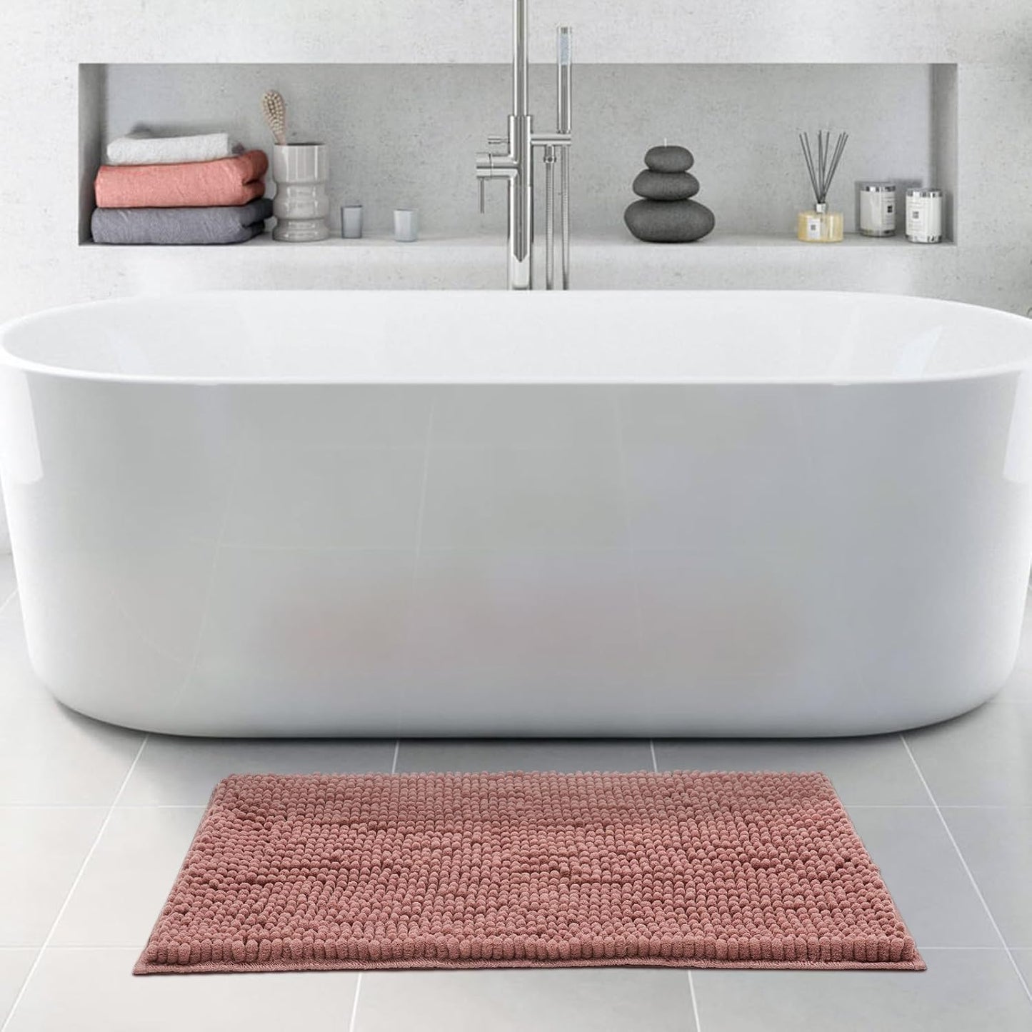 FRESHMINT Large Chenille Bathroom Rugs Mat 36"x24", Non-Slip Bath Mat for Bathroom Floor & Bathtub, Washable Shower Shag Bath Rugs, Soft Fluffy Thick Water Absorbent Microfiber Shower Mat, Rust Pink