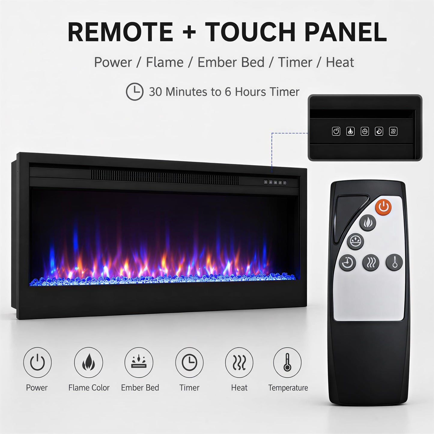 MEGAWISE 43 Inch Recessed Electric Fireplace Heater, Built-in Wall Fireplace Insert, 1400W, Remote & Touch Control, 7 Flame & Ember Bed Colors, Adjustable Thermostat, Timer, Black