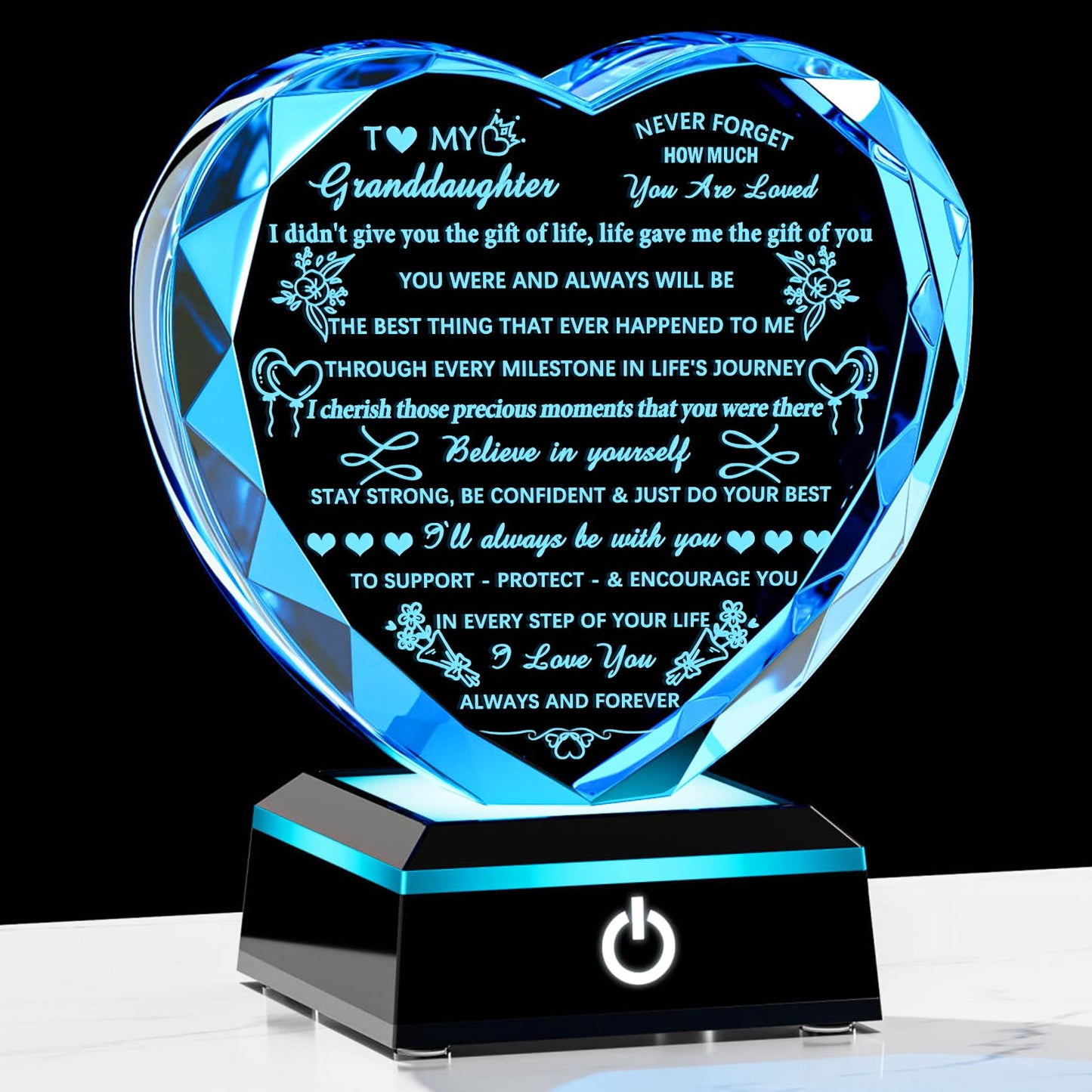 Arikyrist Granddaughter Gifts with Colorful LED Base Crystal Heart Birthday Gifts for Granddaughter from Grandparents Meaningful to My Granddaughter Gift for Christmas Wedding Day Graduation