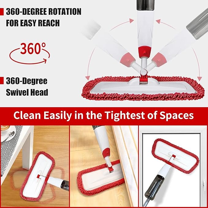 Spray Mops for Floor Cleaning, Microfiber Spray Cleaning Mop Kit with 3 Reusable Washable Pads 700ML Refillable Bottle and Scrubber Flat Mop with 360 Degree Swivel Head for Hardwood Laminate