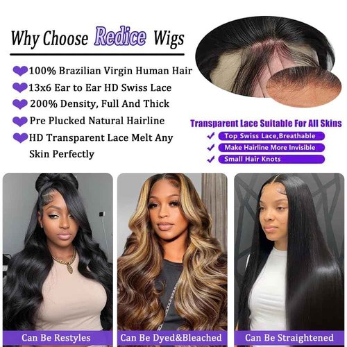 Redice 28 Inch 13x6 HD Lace Front Wig Human Hair - 200% Density Body Wave Pre-Plucked With Baby Hair - Glueless Frontal Wig for Women