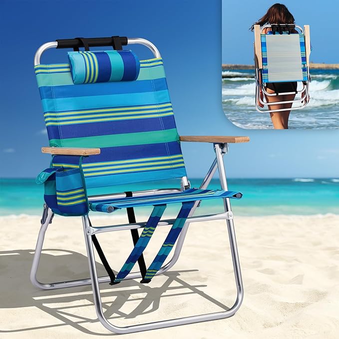 VINGLI Aluminum 17" Backpack Beach Chair – Tall Beach Chairs for Adults, Portable with Adjustable Straps, 3-Position Reclining, Cup Holder, High Lightweight Beach Chairs for Beach