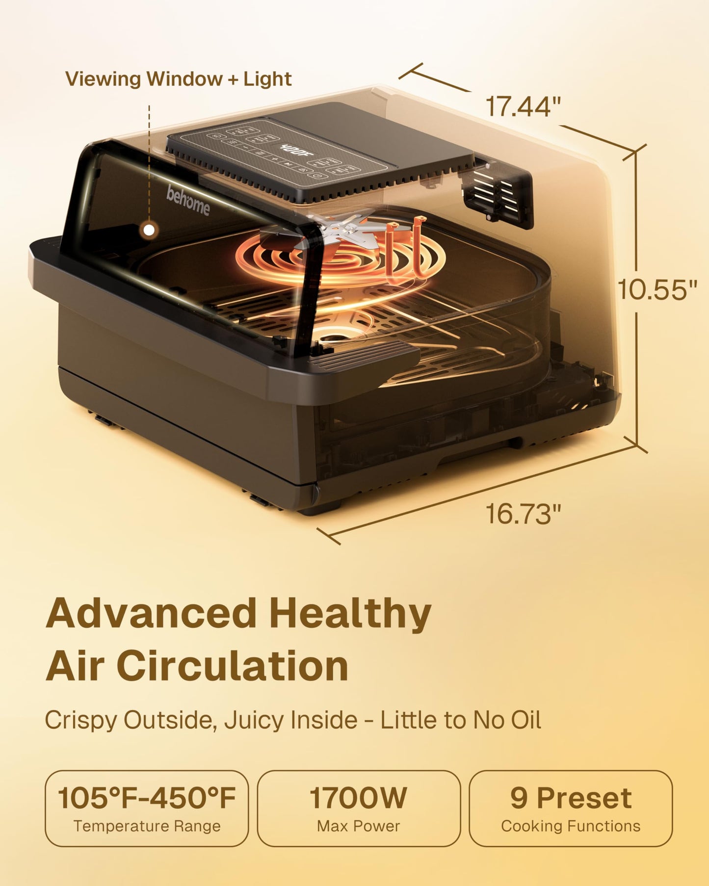 Behome Indoor Pizza Oven & Air Fryer, 6.5 QT Family Size with Pizza Stone, 9 Cooking Preset with Viewing Window &Light, 105°F-450°F Adjustable for Air Fry, Roast, Bake, Dehydrate, Fries, 1700W, Black