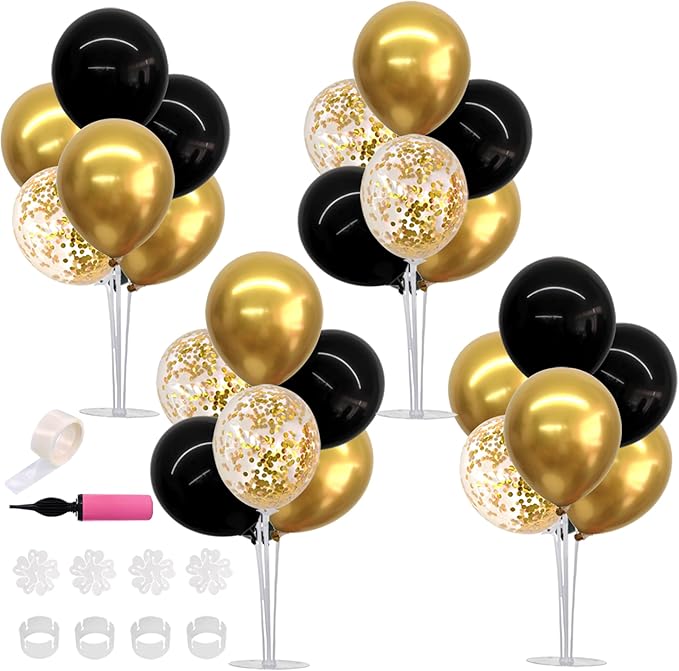 TONIFUL 4 Set Black Gold Balloon Centerpieces for Table,Balloon Stand Kit for Black Gold Party Decor 40th 50th 60th 70th B...