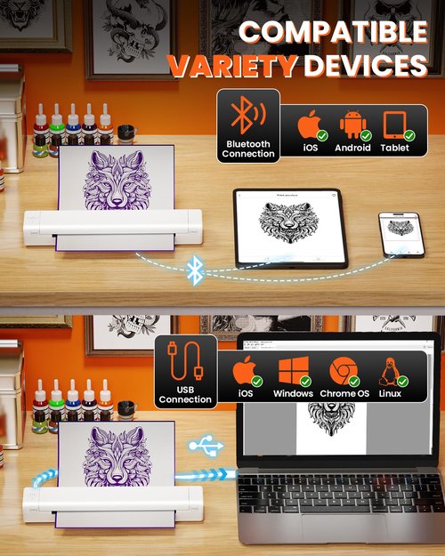 COLORWING M08F Portable Wireless Tattoo Stencil Printer, Thermal Inkless Bluetooth Tattoo Stencil Machine with 10pcs Tattoo Transfer Paper, Ideal for Tattoo Artists & Beginners - White