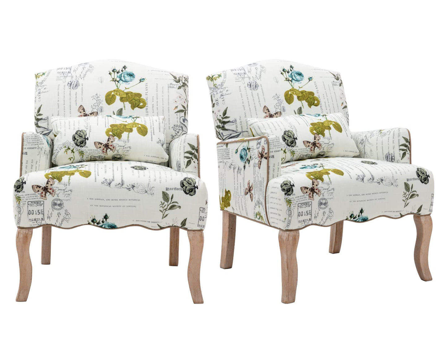 Shunzhi Mid Century Accent Chairs Set of 2Modern Floral Armchair Upholstered Reading Chair Comfy Linen Single Sofa Chair with Pillow for Bedroom/Living Room/Fireplace, Beige, Butterfly Pattern, 2PCS