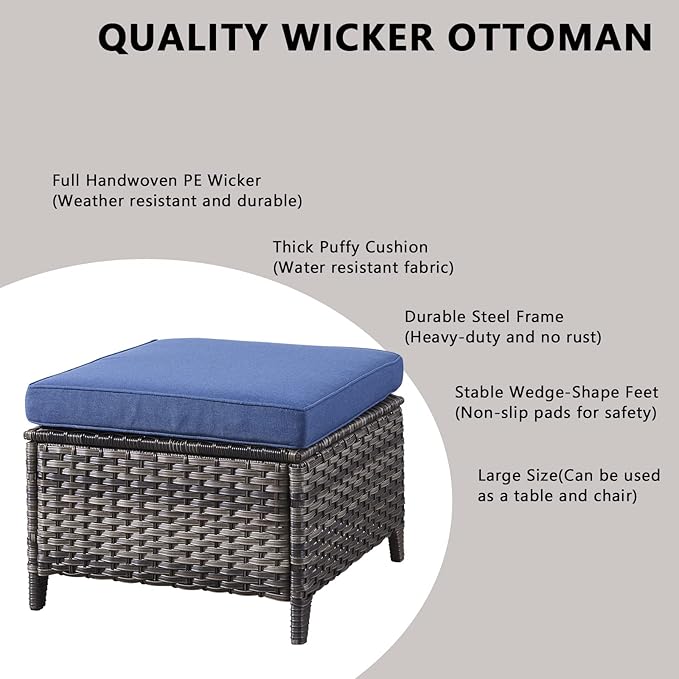 Rilyson Wicker Patio Furniture Sofa Set - 7 Piece Rattan Outdoor Patio Sectional Conversation Sets with 2 Sofa,2 Armrest Chairs,1 Coffee Table and 2 Ottomans for Porch Deck Garden(Mixed Grey/Blue)