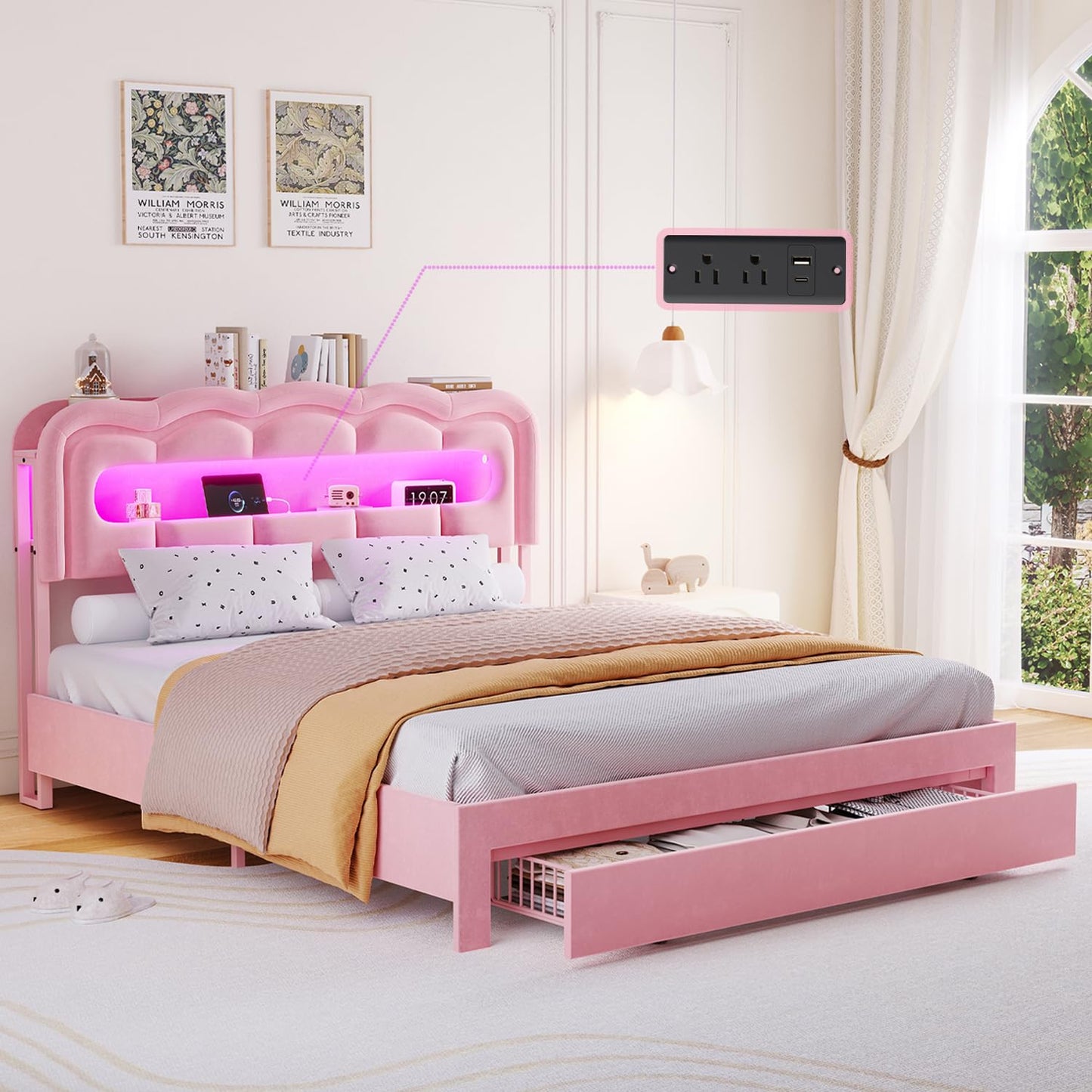 ROCHECASA Full Size Bed Frame with Storage and LED Lights Charging Station, Velvet Upholstered Bed with Drawer, No Box Spring Needed, Easy Assemble, Pink
