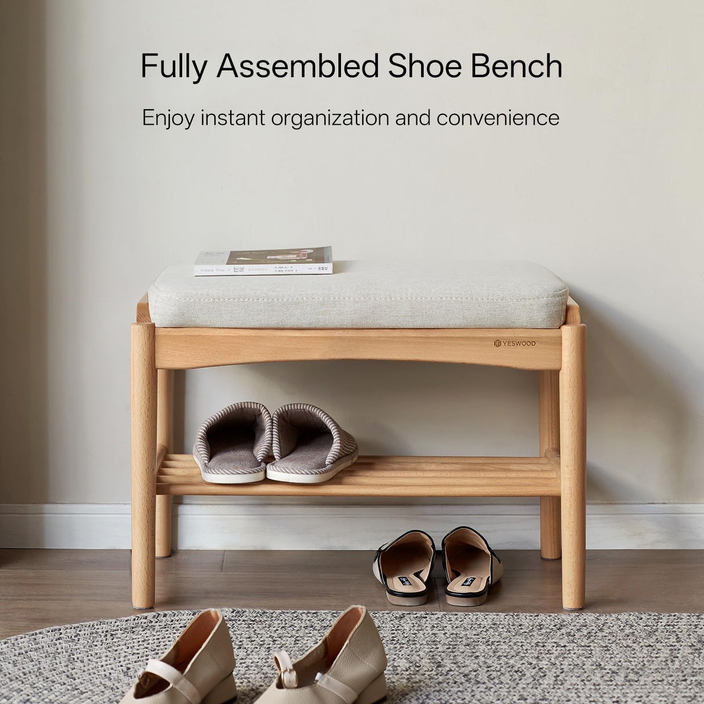 Vadisun Solid Wood Shoe Bench Assembled, Shoe Rack Bench with Cushion for Entryway, Living Room, Bedroom, Hallway, 11.8" x 23.6" x 16.5", Natural