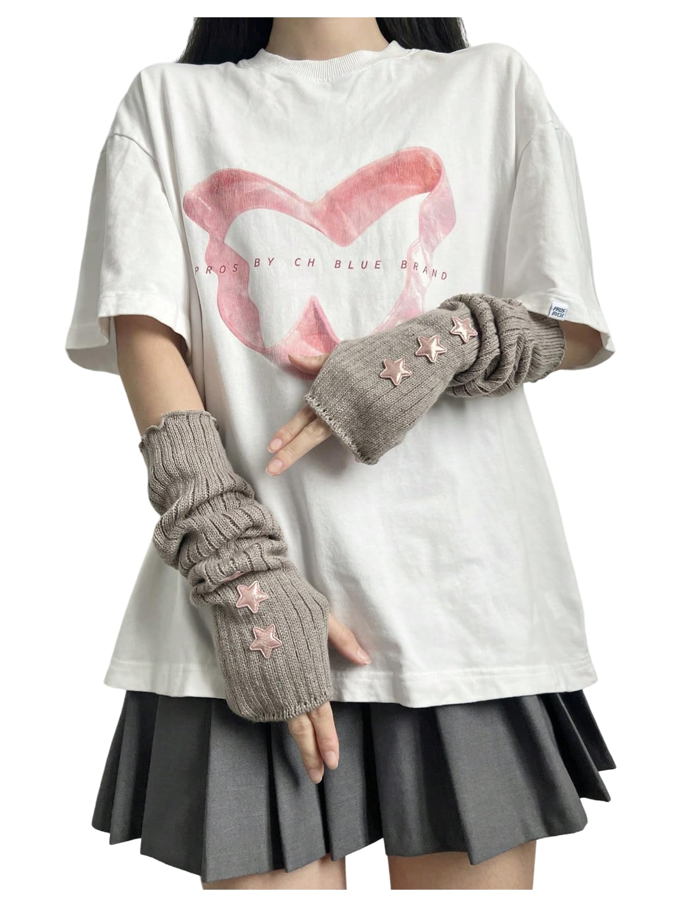 Verdusa Women's Y2k Arm Warmers Heart Knit Arm Sleeves Fingerless Gloves Apricot and Pink One-Size