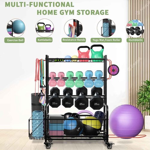Pro-Series Mobile Dumbbell Rack & All-in-One Gym Storage Organizer with Locking Wheels, Adjustable Shelves & 400LB Capacity