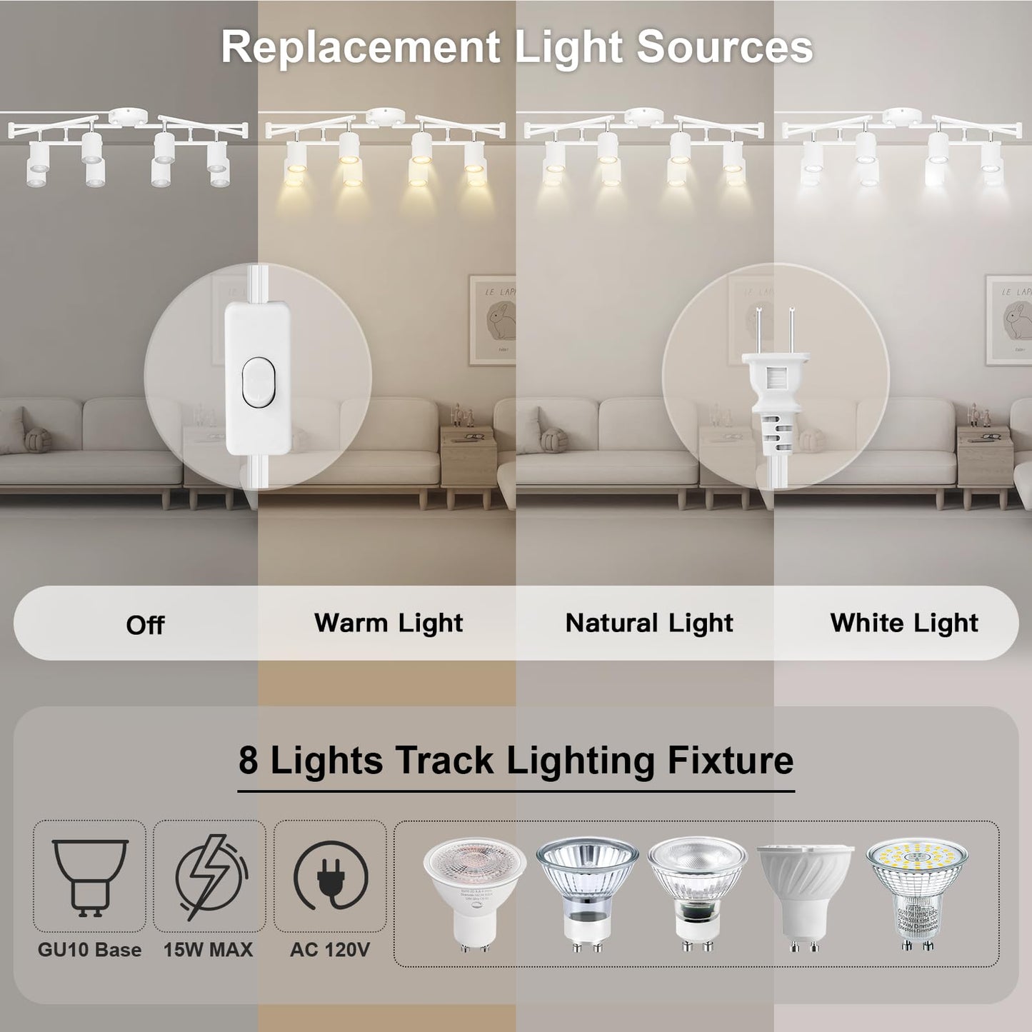 Plug in Track Lighting LED, Track Lighting Fixtures Ceiling, White 8-Light Kitchen Light Kit, Plug in Wall Light with 14.8ft Power Cord, Rotatable Ceiling Spotlight for Bedroom(GU10 Socket, NO Bulb)