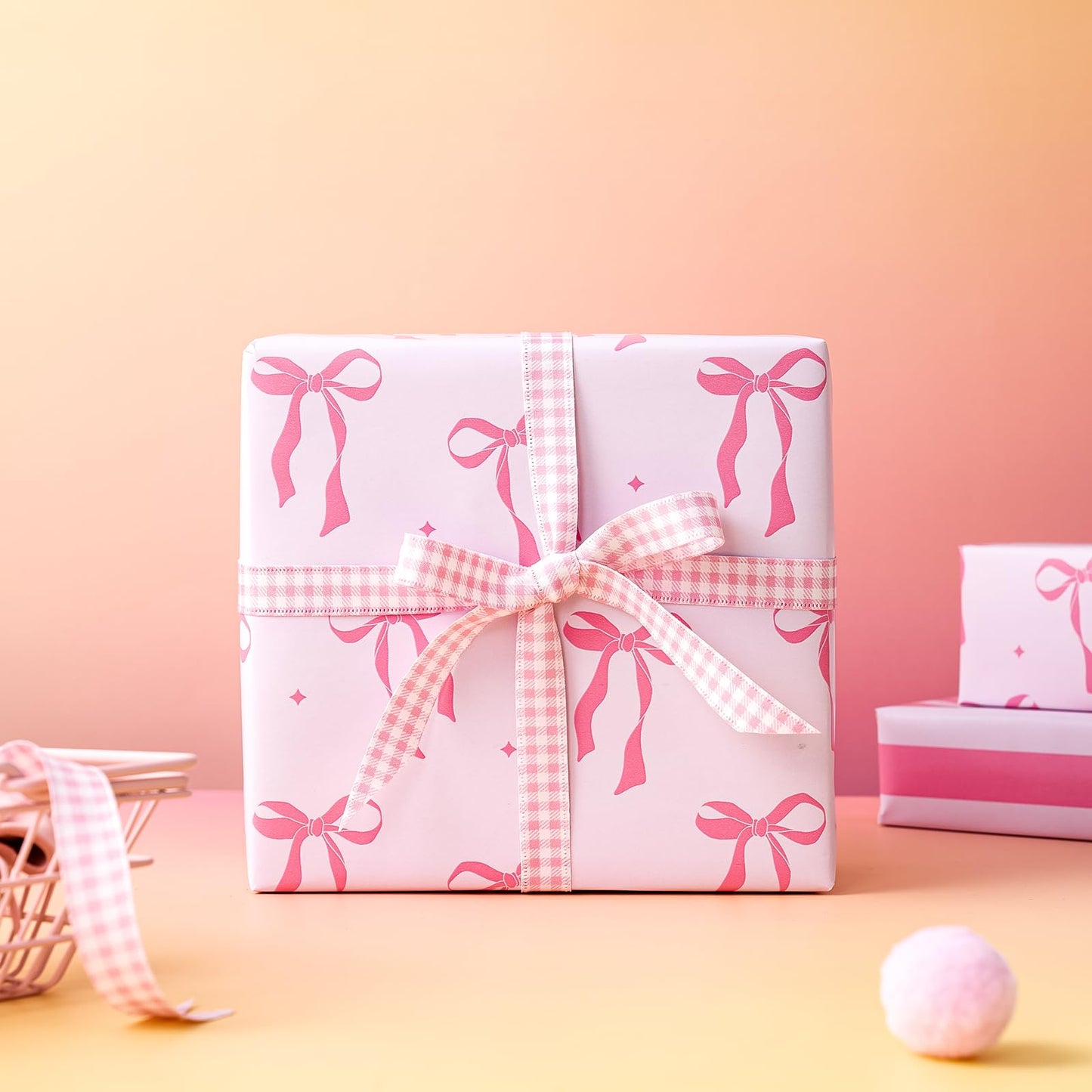 WRAPAHOLIC 30 Inch Jumbo Reversible Pink Bow Wrapping Paper Roll - 30 Inch x 33 Feet - Pink Ribbon Bow and Stripes Design Perfect for Girls Birthday, Baby Shower, Bachelorette Party