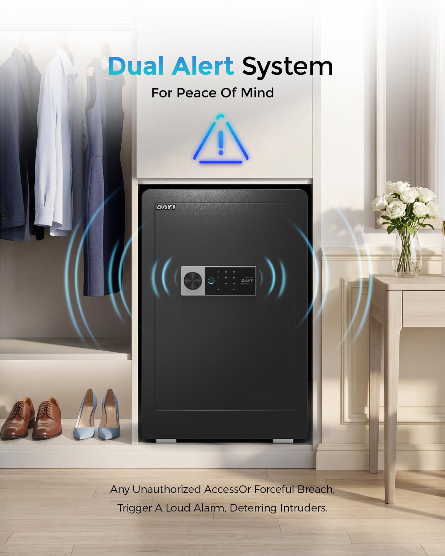 DAYI Biometric Fingerprint Safe Box, 3.0 Cubic Feet Home Safes with Fireproof Bag, Digital Touchpad Security Safe for Money Cash Documents, Dual Alarm System - 60 Plus+